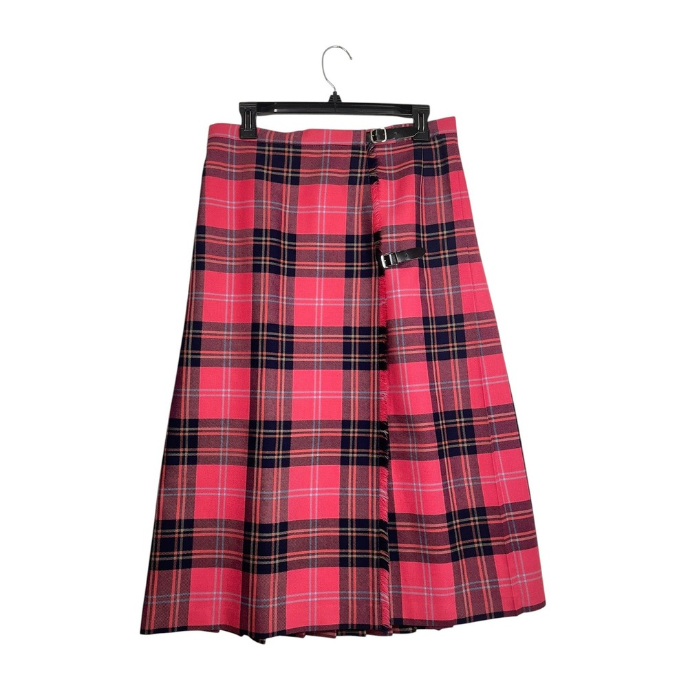 Thistle Woollens Plaid Kilt Skirt 6 Pink Navy Wool Pleated Midi Made in Scotland